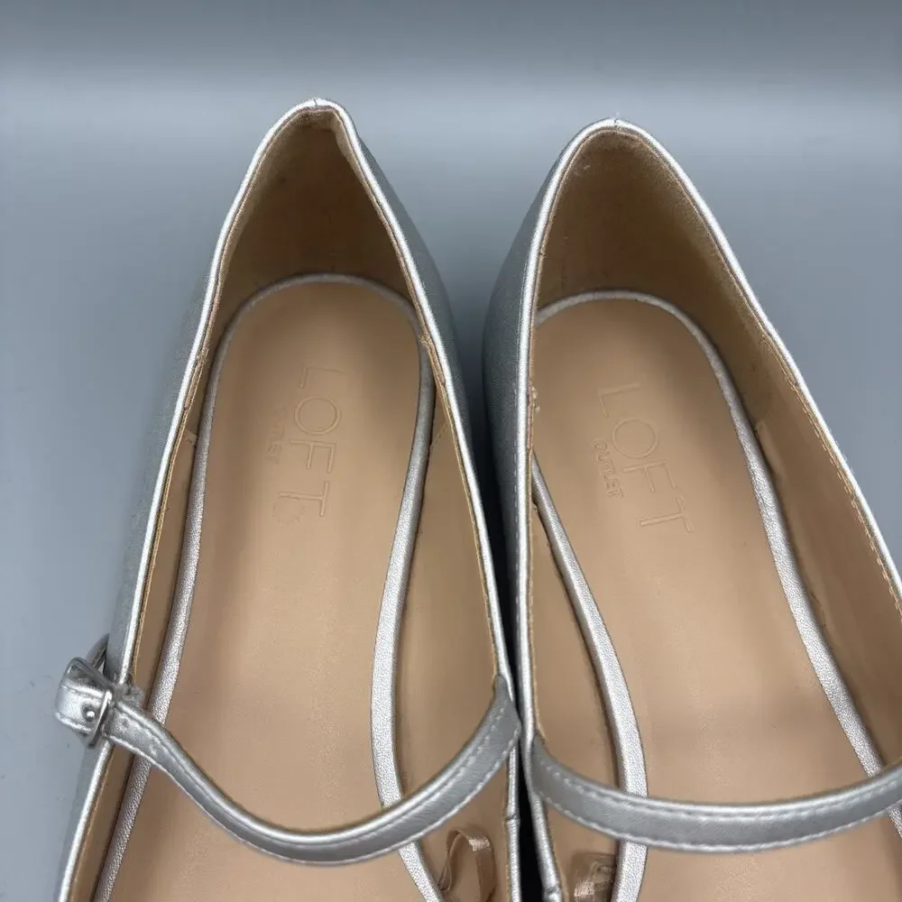 LOFT Ballet Flats Size 9 Silver Mary Jane Shoes Square Toe Wedding Glam Fairy